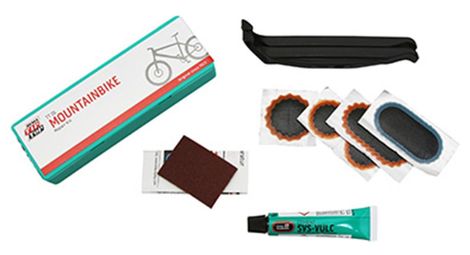 Kit reparation chambre a air tip top tt05 vtt avec outils- boite (2 patchs f0 15mm + 1 f1 25mm + 1 f2 45x15mm+ 1  f2 bleu reinf + colle 5g + papier ponce + 2 demontes pneus) avec notice (50601930)