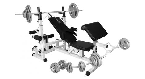 Banc de musculation universel gs005 + set d'haltères fonte grip de 108 kg