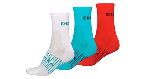 3 paires de chaussettes endura femme coolmaxr race blanc bleu rouge