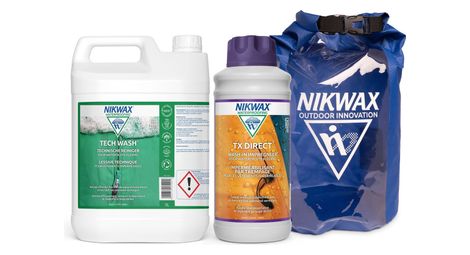 Lessive tech wash 5l et imperméabilisant nikwax tx.direct 1l + extra dry bag 10l