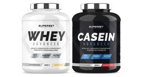 Programme gain de muscle jour et nuit - 100% casein advanced fraise yogourt - 100% whey proteine advanced 2kg vanille crémeuse