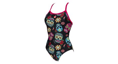 Traje de baño de una pieza arena crazy skulls carnival light drop back negro/rosa