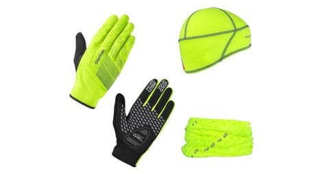 Pack gants tour de cou sous casque gripgrab hi vis cycling essentials jaune fluo