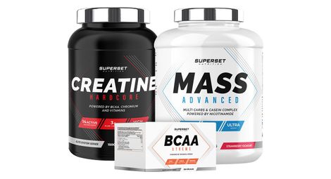 Programme prise de masse confirmé - mass advanced 2,5kg fraise yogourt - créatine hardcore 1,5kg tropical - bcaa xtreme