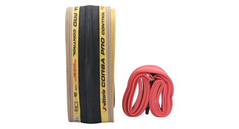 Pneu Route Vittoria Corsa Pro Control 700 mm Tubetype Souple Graphene Silica Compound Flancs Beiges + Chambre à Air Competition Latex Presta 60 mm Rouge