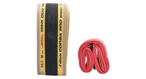 Pneu Route Vittoria Corsa Pro Speed 700 mm Tubetype Souple Graphene Silica Compound Flancs Beiges + Chambre à Air Competition Latex Presta 60 mm Rouge