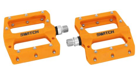 Pedale vtt descente - bmx switch jump orange resine filetage 9-16 avec picots argent (paire)