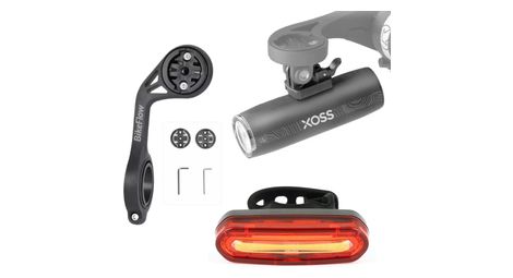 Pack éclairage vélo complet – phare xoss xl1200 + feu arrière usb + support déporté xl