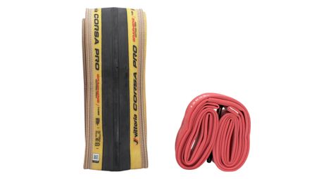 Pneu Route Vittoria Corsa Pro 700 mm Tubetype Souple Graphene Silica Compound Flancs Beiges + Chambre à Air Competition Latex Presta 60 mm Rouge