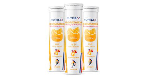 Electrolytes hydratation - 5 minéraux 4 vitamines - goût naturel citron - lot de 3 tubes - 45 comprimés effervescents