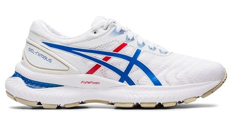 Chaussures running asics gel nimbus 22 retro tokyo femme blanc bleu rouge