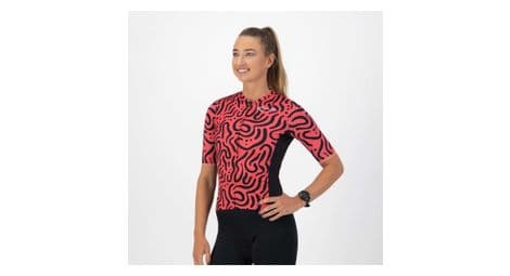 Maillot manches courtes velo rogelli abstract - femme - corail/noir